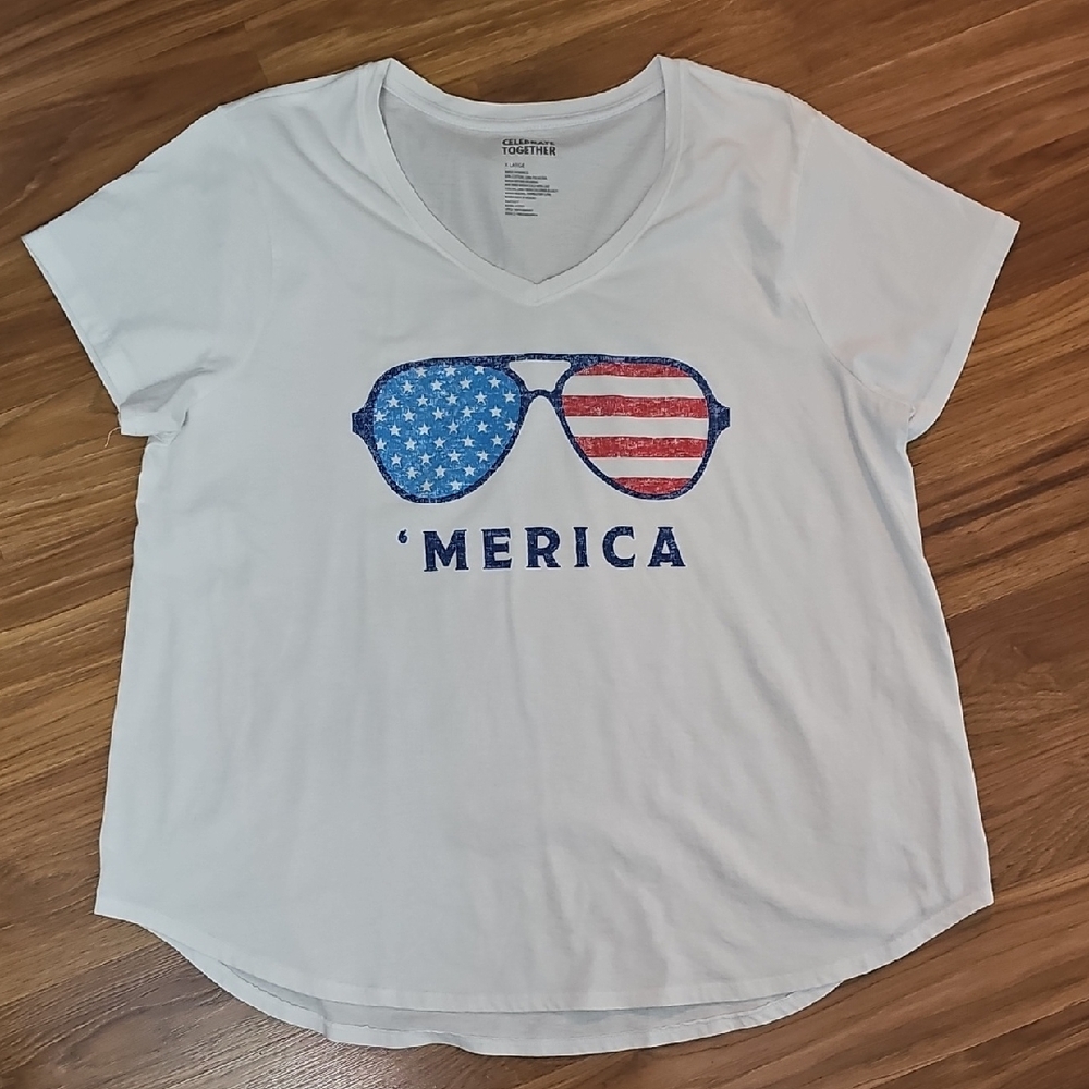 'Merica White Short Sleeve Tee with American Flag Sunglasses Patriotic Graphic